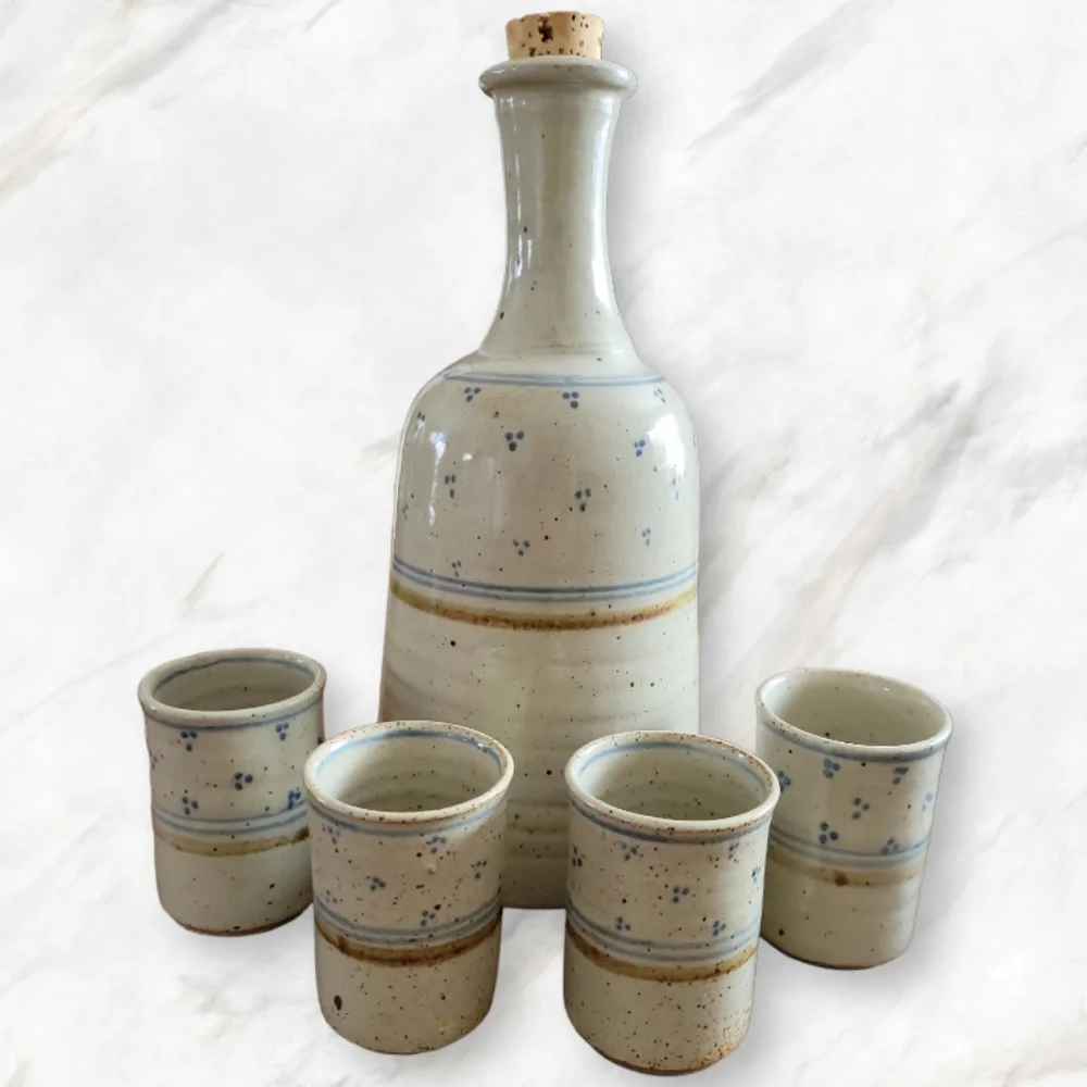 Vtg Hand Crafted Signed Stone Pottery Wine Bottle 4 Glasses Cups